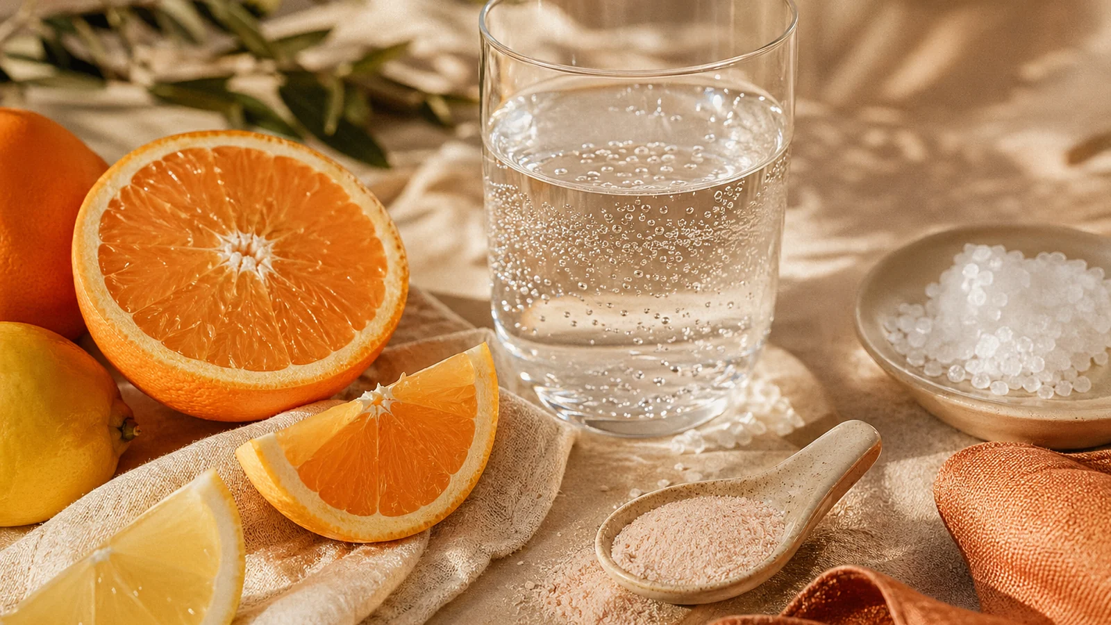 Lifestyle beeld met elektrolyten ingrediënten, water en citrus